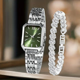 2PCS/Set Fashion Rectangle Women Quartz Watch Ladies Roma Dial Wristwatches Rhinestone Bracelet Set Reloj Mujer Girls Clock Gift