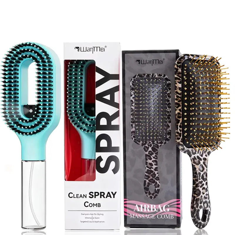 2Pcs Spray Hair Brush & Leopard Paddle Brush Set Refillable Fine Mist Hair Comb Detangle Anti‑Frizz Scalp Massage Air Cushion Hair Styling Tool for Women Wet Dry Hair