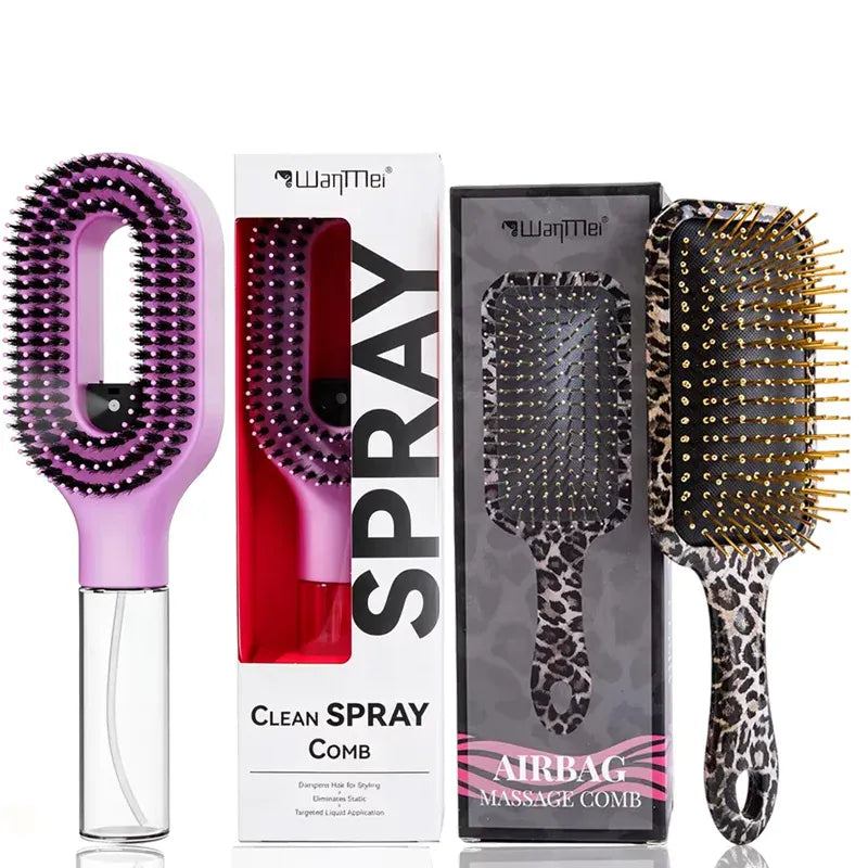 2Pcs Spray Hair Brush & Leopard Paddle Brush Set Refillable Fine Mist Hair Comb Detangle Anti‑Frizz Scalp Massage Air Cushion Hair Styling Tool for Women Wet Dry Hair