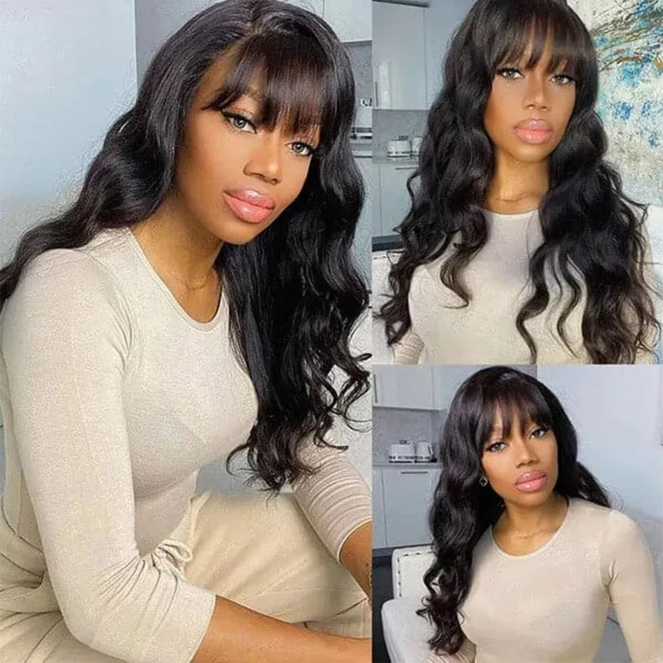 30 34 Inch Body Wave Human Hair Wig With Bangs Brazilian 3x1 HD Lace Frontal Bone Straight Human Hair Wig 200% Density For Women