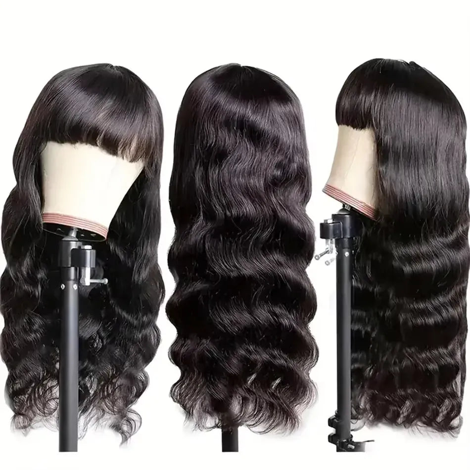 30 34 Inch Body Wave Human Hair Wig With Bangs Brazilian 3x1 HD Lace Frontal Bone Straight Human Hair Wig 200% Density For Women