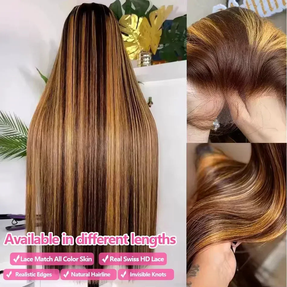 30 40 Inch Highlight Ombre Bone Straight Human Hair Wigs 13x6 Hd Transparent Lace Frontal Wig Colored 360 Full Lace Front Human Hair Pre Plucked Wig For Women