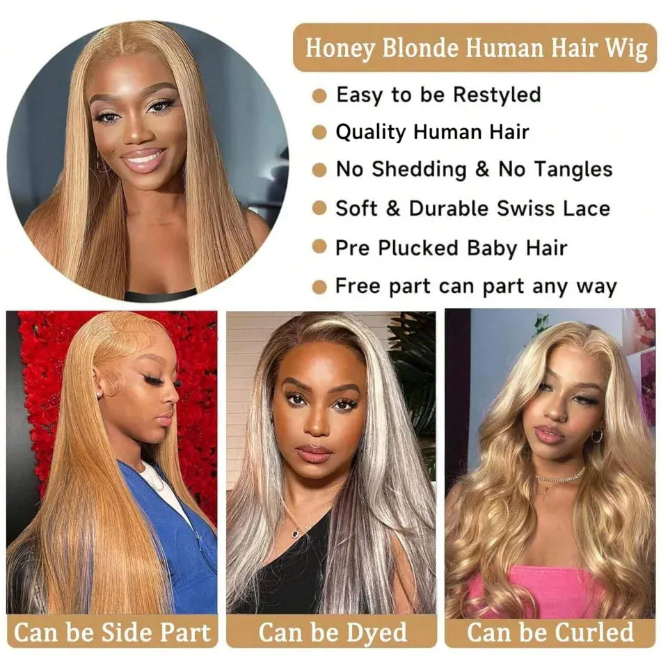 30 Inch #27 Honey Blonde Wig Human Hair 13x6 HD Straight Lace Front Wigs Brazilian Pre Plucked With Baby Hair 15A Pre Colored Lace Frontal Wigs For Women