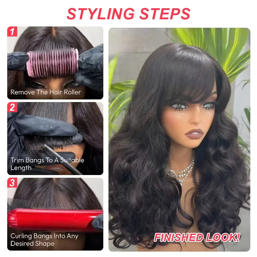 300 Density Bouncy Body Wave 100% Human Hair Lace Front Wigs Bang 5x5 Closure Glueless Fumi Wig HD Lace Frontal Wig Black WearGo