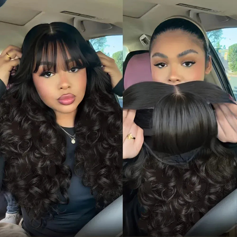 300 Density Bouncy Body Wave 100% Human Hair Lace Front Wigs Bang 5x5 Closure Glueless Fumi Wig HD Lace Frontal Wig Black WearGo