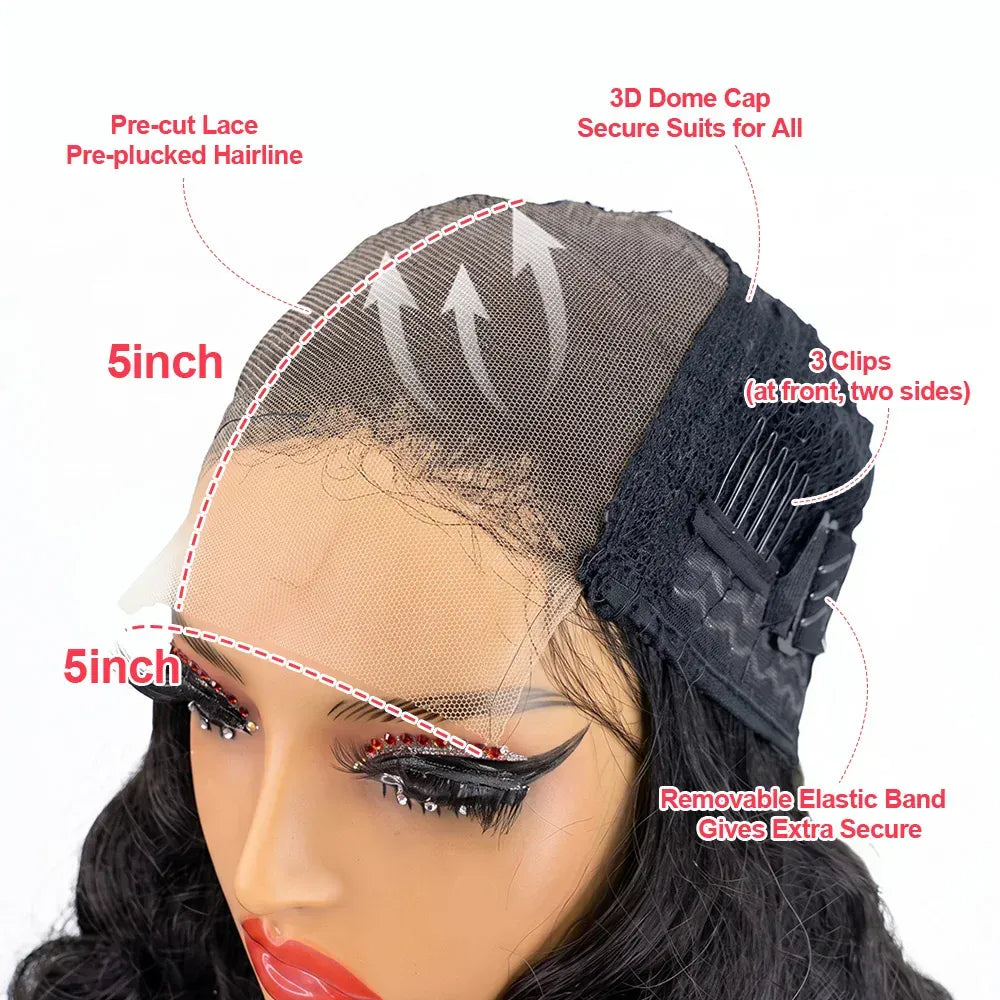 300 Density Bouncy Body Wave 100% Human Hair Lace Front Wigs Bang 5x5 Closure Glueless Fumi Wig HD Lace Frontal Wig Black WearGo