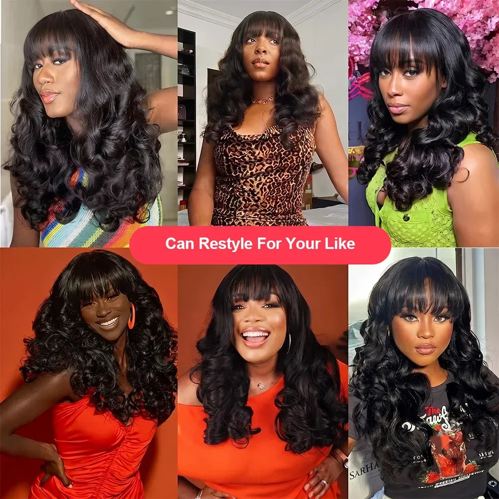300 Density Bouncy Body Wave 100% Human Hair Lace Front Wigs Bang 5x5 Closure Glueless Fumi Wig HD Lace Frontal Wig Black WearGo