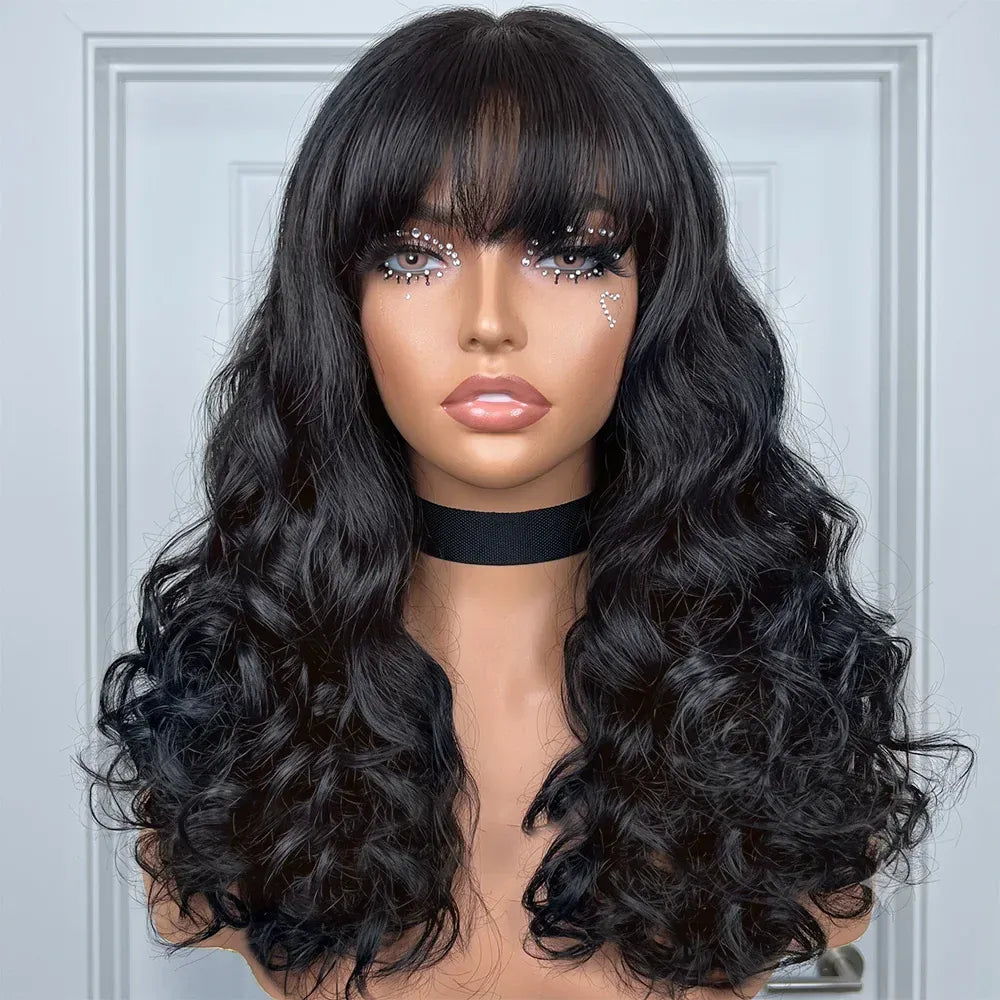 300 Density Bouncy Body Wave 100% Human Hair Lace Front Wigs Bang 5x5 Closure Glueless Fumi Wig HD Lace Frontal Wig Black WearGo