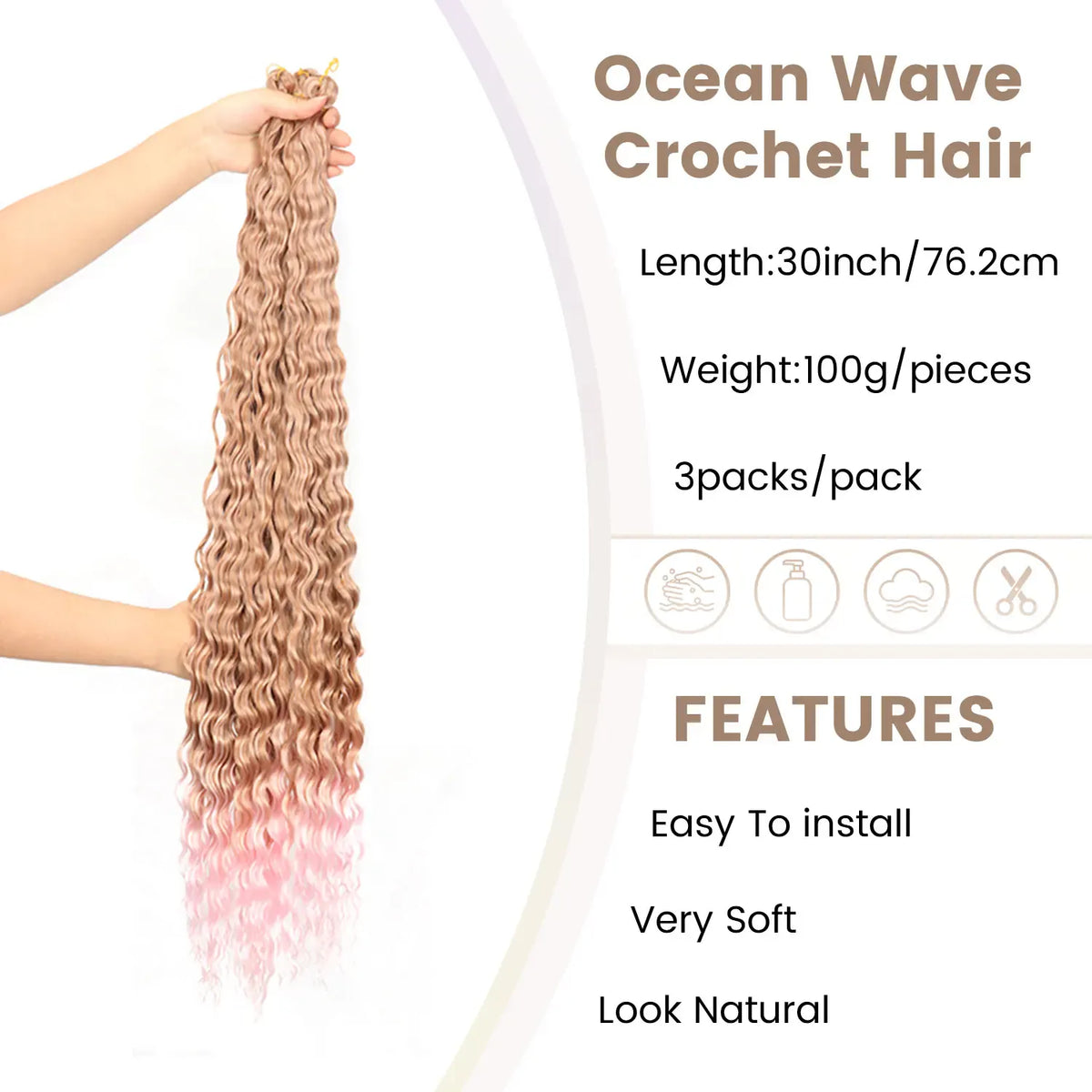 30inch Ocean Wave Synthetic Crochet Hair Extensions 3pcs/set Deep Wave Long Crochet Hair for Women Girls Daily Party Holiday