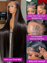 32 Inch Bone Straight Brazilian Remy Human Hair Wig 13x4 13x6 HD Transparent Lace Front 200 Density Pre Plucked Natural Hairline for Black Women