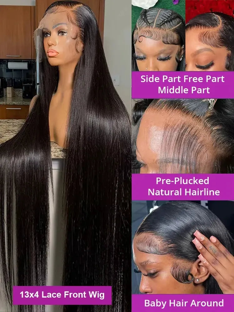 32 Inch Bone Straight Brazilian Remy Human Hair Wig 13x4 13x6 HD Transparent Lace Front 200 Density Pre Plucked Natural Hairline for Black Women