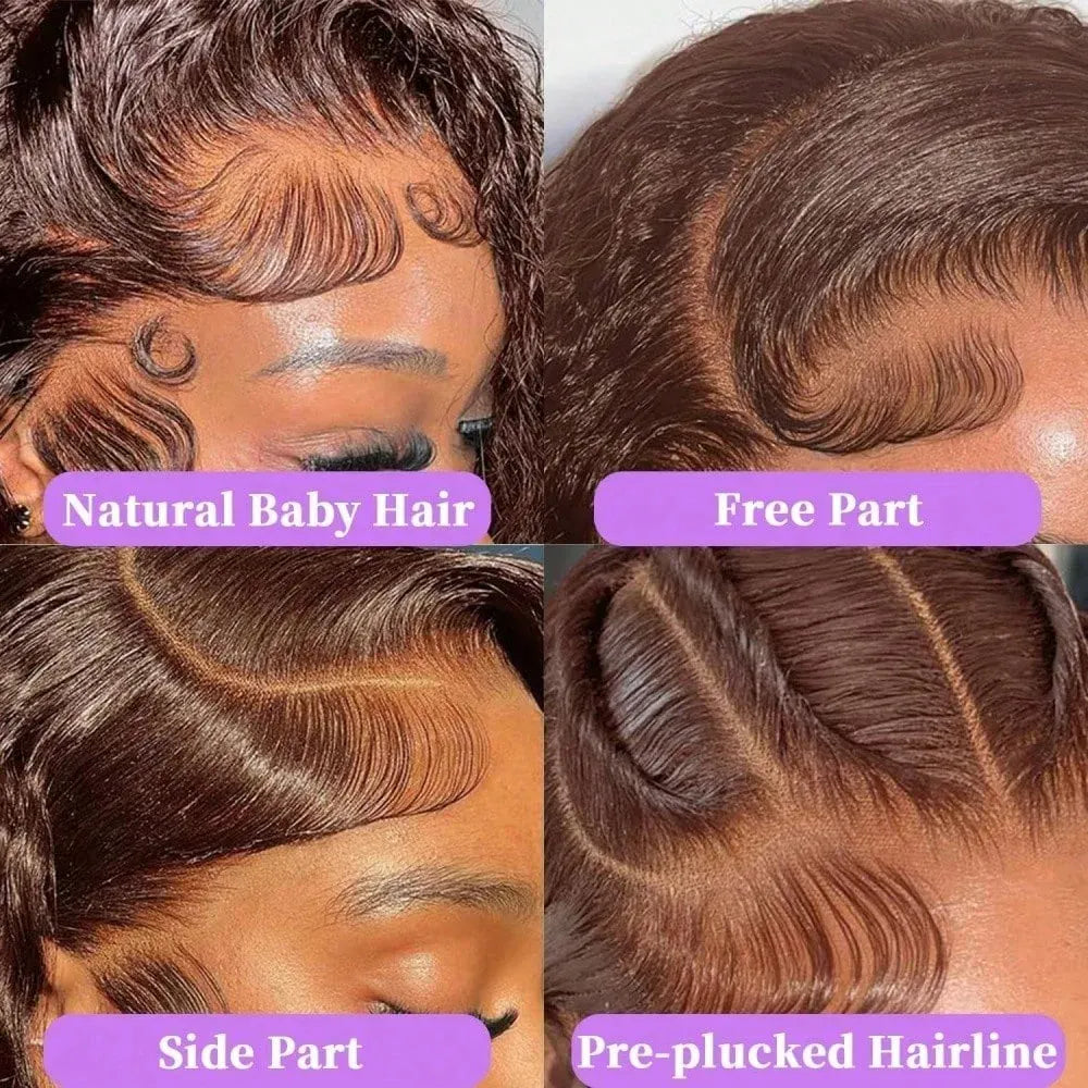 34 Inch 200% Density 13x4 Chocolate Brown Deep Wave Human Hair Wig 4# Colored Pre Plucked Wet And Wavy Lace Front Wig Human Hair For Women With Baby Hair Natural