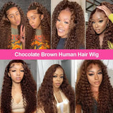 34 Inch 200% Density 13x4 Chocolate Brown Deep Wave Human Hair Wig 4# Colored Pre Plucked Wet And Wavy Lace Front Wig Human Hair For Women With Baby Hair Natural