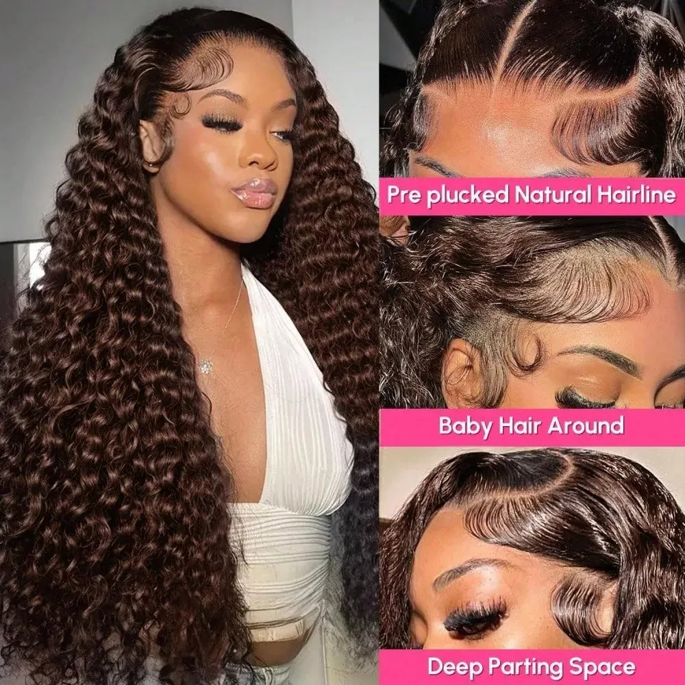 34 Inch 200% Density 13x4 Chocolate Brown Deep Wave Human Hair Wig 4# Colored Pre Plucked Wet And Wavy Lace Front Wig Human Hair For Women With Baby Hair Natural