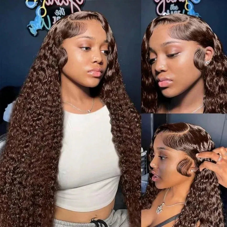 34 Inch 200% Density 13x4 Chocolate Brown Deep Wave Human Hair Wig 4# Colored Pre Plucked Wet And Wavy Lace Front Wig Human Hair For Women With Baby Hair Natural