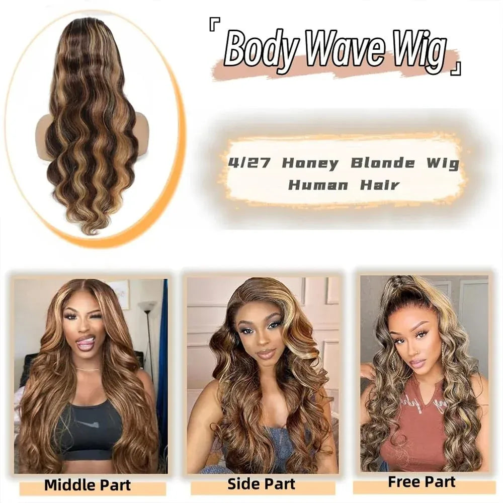 34 Inch Honey Blonde Ombre Body Wave Lace Front Wigs Human Hair 210 Density 4/27 Highlight 13x4 Lace Front Natural Black Wig Human Hair for Women