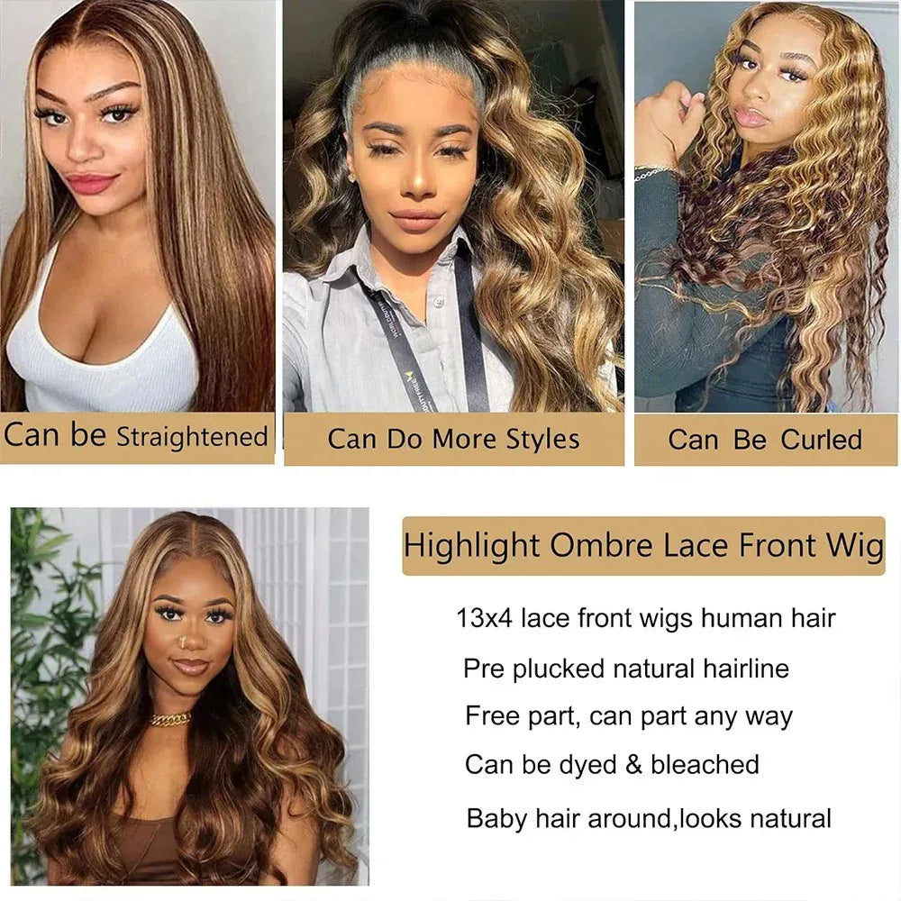 34 Inch Honey Blonde Ombre Body Wave Lace Front Wigs Human Hair 210 Density 4/27 Highlight 13x4 Lace Front Natural Black Wig Human Hair for Women
