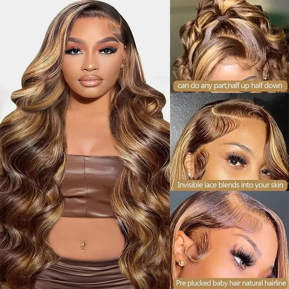 34 Inch Honey Blonde Ombre Body Wave Lace Front Wigs Human Hair 210 Density 4/27 Highlight 13x4 Lace Front Natural Black Wig Human Hair for Women