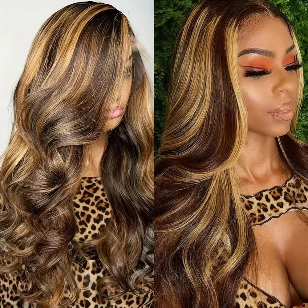 34 Inch Honey Blonde Ombre Body Wave Lace Front Wigs Human Hair 210 Density 4/27 Highlight 13x4 Lace Front Natural Black Wig Human Hair for Women