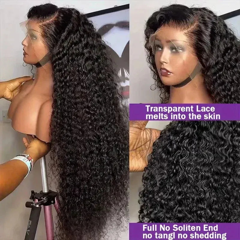 34 Inch Jerry Curly Virgin Human Hair Wig Natural Black 13x4 HD Transparent Lace Front Wig Pre Trimmed Natural Hairline Wigs