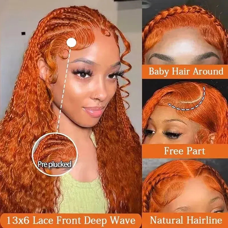 #350 Ginger Orange Deep Wave Human Hair Wig For Women 16 34 Inch 13x4 HD Lace Front Human Hair Wigs Pre Plucked with Baby Hair