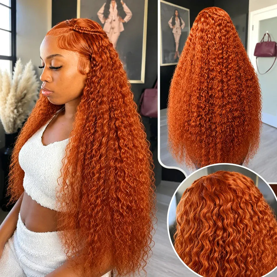 #350 Ginger Orange Deep Wave Human Hair Wig For Women 16 34 Inch 13x4 HD Lace Front Human Hair Wigs Pre Plucked with Baby Hair