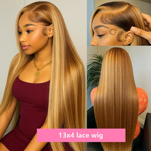 38 Inch Bone Straight Highlight Human Hair Wigs 250 Density Hd Transparent Lace Frontal Wig 4/27 Honey Blond Ombre Wig For Women