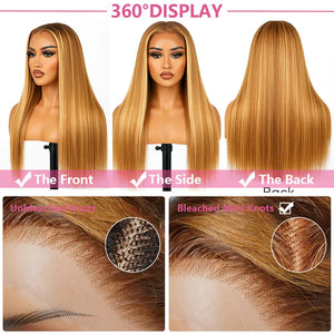 38 Inch Bone Straight Highlight Human Hair Wigs 250 Density Hd Transparent Lace Frontal Wig 4/27 Honey Blond Ombre Wig For Women