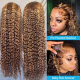 4/27 30 Inch Highlight Honey Brown Curly Lace Front Human Hair Wigs 13x6 Ombre Colored Deep Wave Lace Frontal Wigs Women ﻿