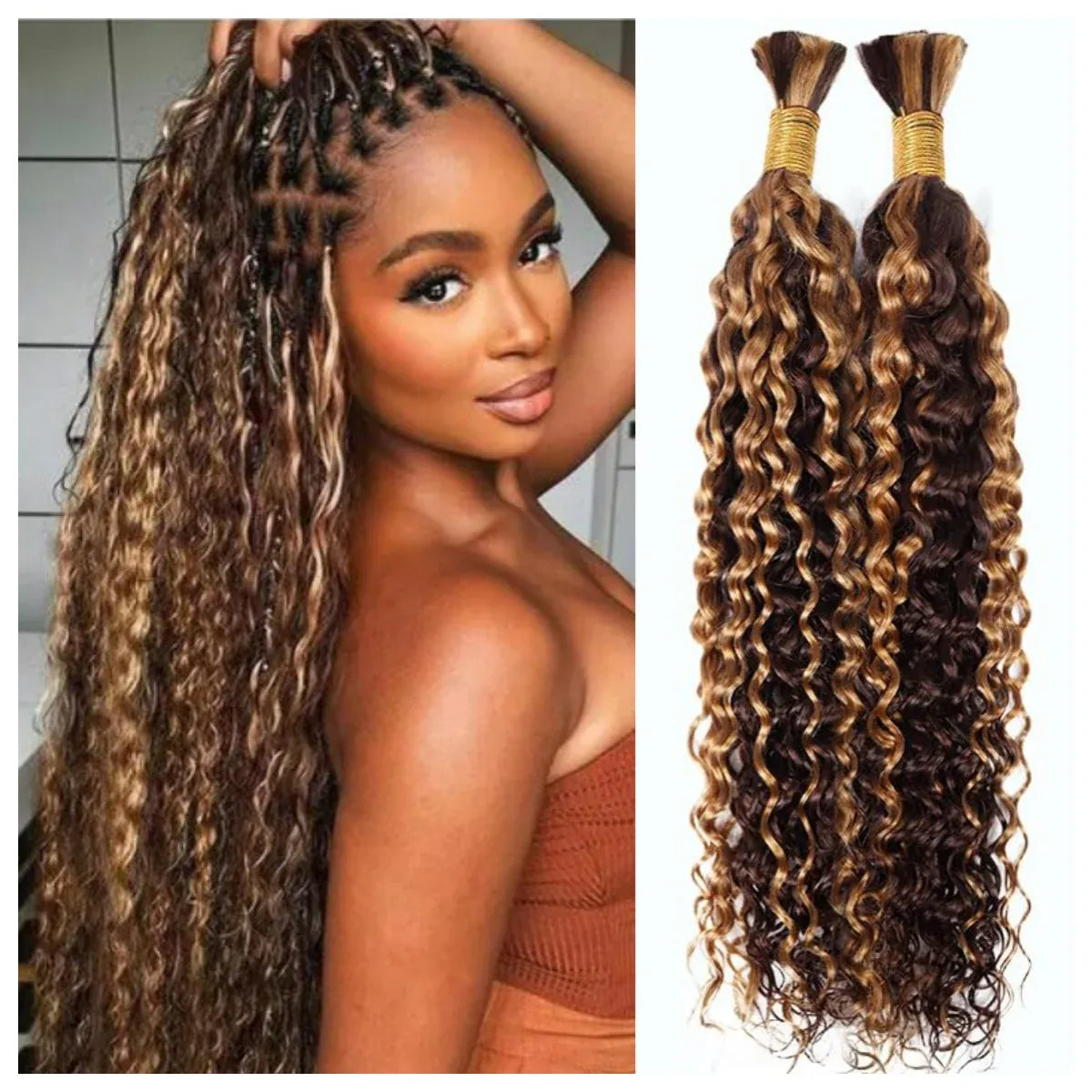 4/27 Highlight Boho Braiding Hair Deep Wave Human Hair Bulk For Women Natural Looking Honey Blonde 28 Inch Long Deep Wave Human Hair Extensions