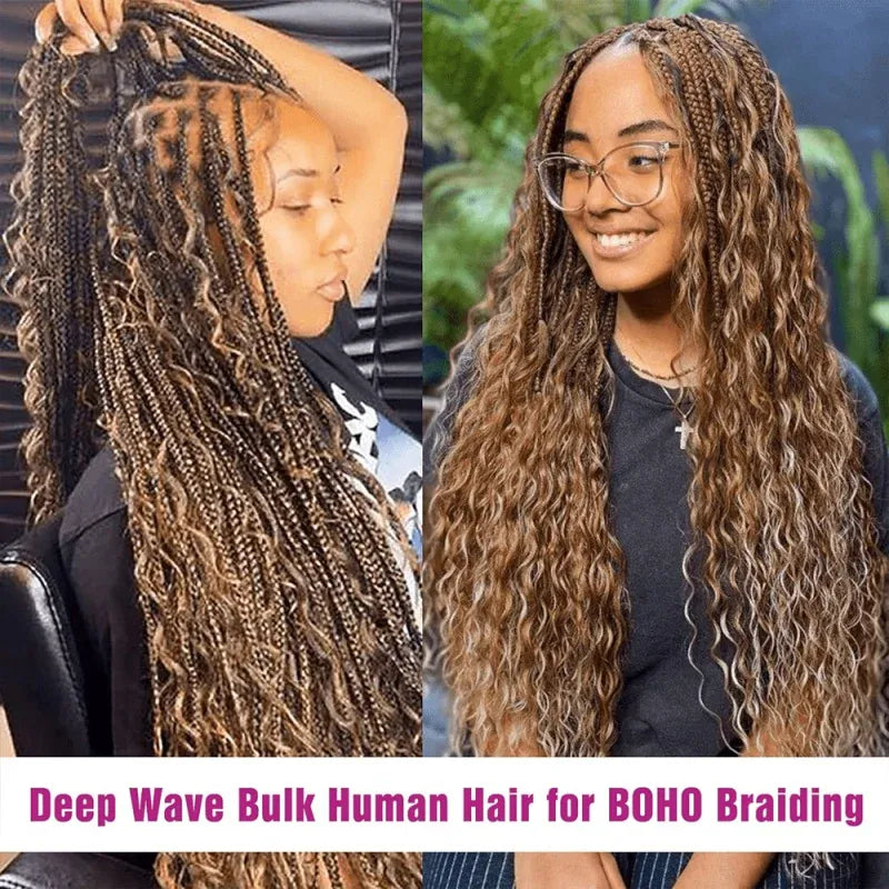 4/27 Highlight Boho Braiding Hair Deep Wave Human Hair Bulk For Women Natural Looking Honey Blonde 28 Inch Long Deep Wave Human Hair Extensions