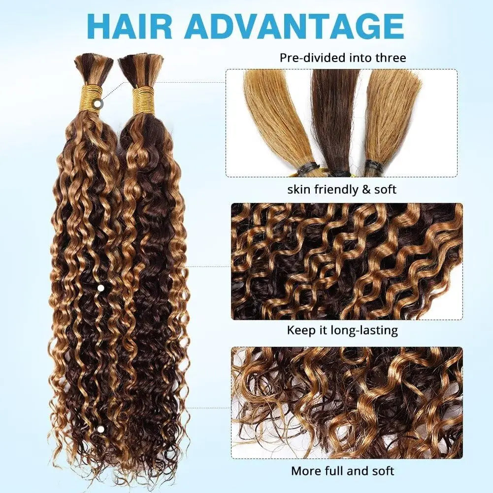 4/27 Highlight Boho Braiding Hair Deep Wave Human Hair Bulk For Women Natural Looking Honey Blonde 28 Inch Long Deep Wave Human Hair Extensions