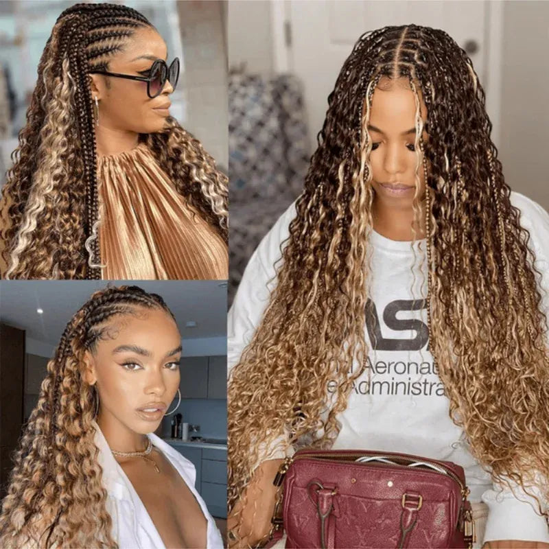 4/27 Highlight Boho Braiding Hair Deep Wave Human Hair Bulk For Women Natural Looking Honey Blonde 28 Inch Long Deep Wave Human Hair Extensions