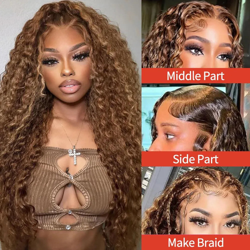 4/27 Highlight Honey Brown Curly Lace Front Human Hair Wigs 5x5/13x4 Ombre Colored Deep Wave Lace Frontal Wigs Women ﻿