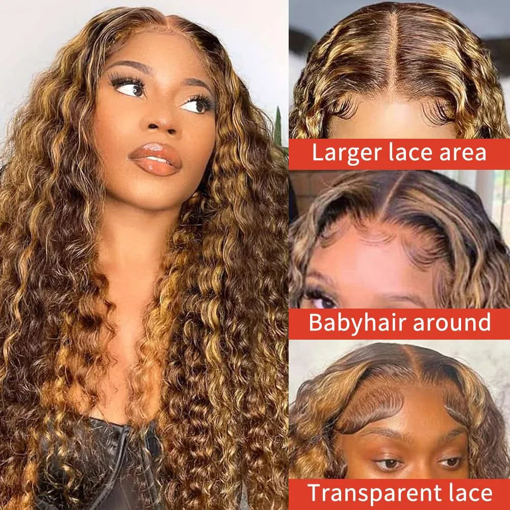 4/27 Highlight Honey Brown Curly Lace Front Human Hair Wigs 5x5/13x4 Ombre Colored Deep Wave Lace Frontal Wigs Women ﻿