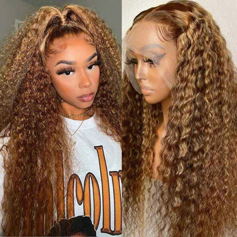 4/27 Highlight Honey Brown Curly Lace Front Human Hair Wigs 5x5/13x4 Ombre Colored Deep Wave Lace Frontal Wigs Women ﻿
