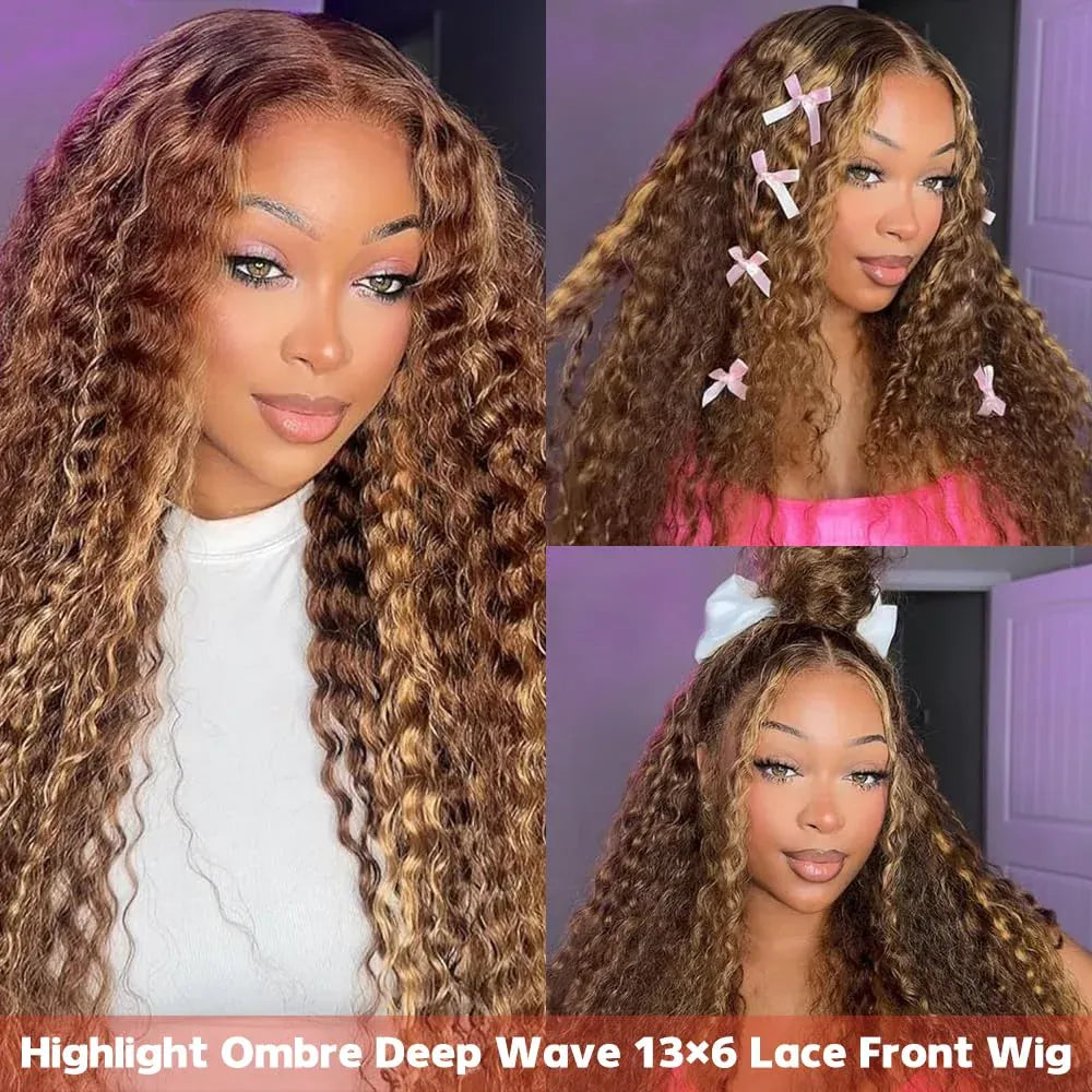4/27 Highlight Honey Brown Curly Lace Front Human Hair Wigs 5x5/13x4 Ombre Colored Deep Wave Lace Frontal Wigs Women ﻿