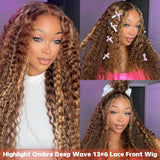 4/27 Highlight Honey Brown Curly Lace Front Human Hair Wigs 5x5/13x4 Ombre Colored Deep Wave Lace Frontal Wigs Women ﻿