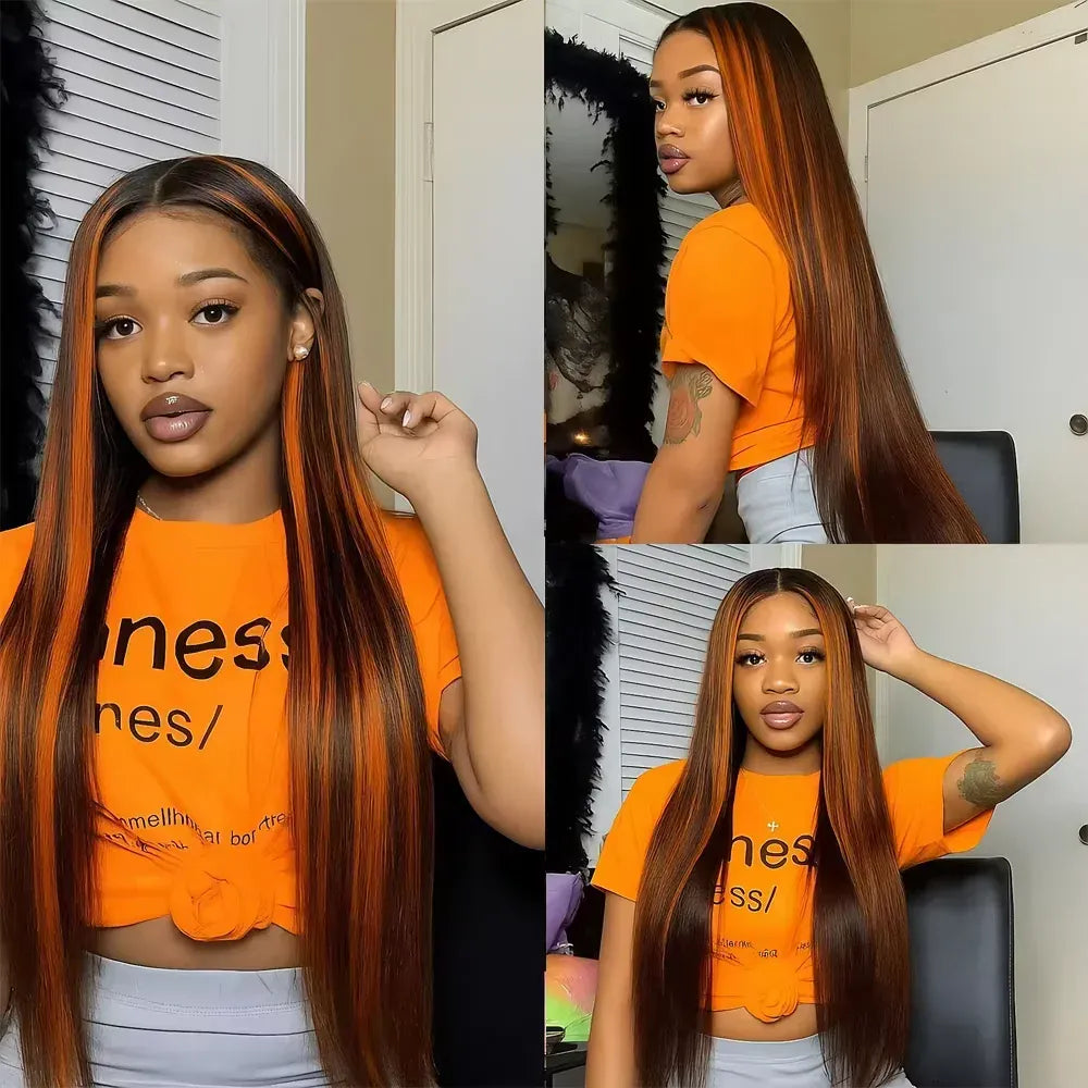 4/350 Ginger Orange Brown Highlight Wigs Bone Straight 13x4 HD Lace Front Human Hair Wigs Super Double Drawn Colored Hair Wigs