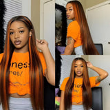 4/350 Ginger Orange Brown Highlight Wigs Bone Straight 13x4 HD Lace Front Human Hair Wigs Super Double Drawn Colored Hair Wigs