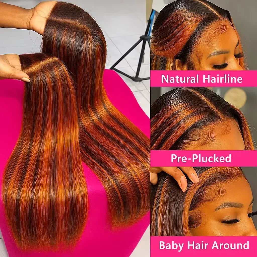 4/350 Ginger Orange Brown Highlight Wigs Bone Straight 13x4 HD Lace Front Human Hair Wigs Super Double Drawn Colored Hair Wigs
