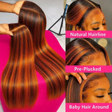 4/350 Ginger Orange Brown Highlight Wigs Bone Straight 13x4 HD Lace Front Human Hair Wigs Super Double Drawn Colored Hair Wigs