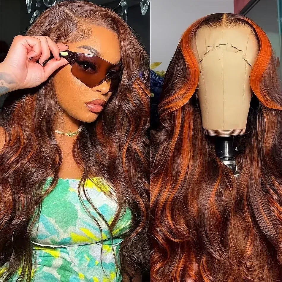 4/350 Ginger Orange Brown Highlight Wigs Bone Straight 13x4 HD Lace Front Human Hair Wigs Super Double Drawn Colored Hair Wigs