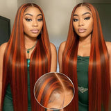 4/350 Ginger Orange Brown Highlight Wigs Bone Straight 13x4 HD Lace Front Human Hair Wigs Super Double Drawn Colored Hair Wigs