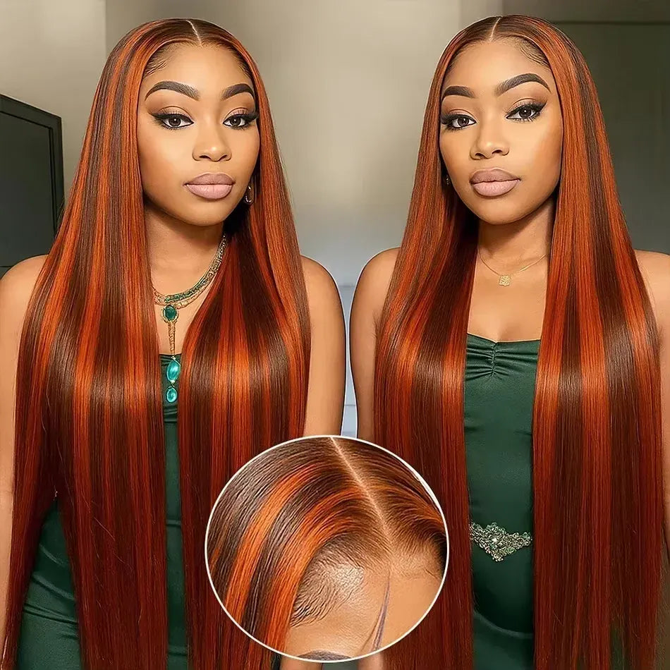 4/350 Ginger Orange Brown Highlight Wigs Bone Straight 13x4 HD Lace Front Human Hair Wigs Super Double Drawn Colored Hair Wigs