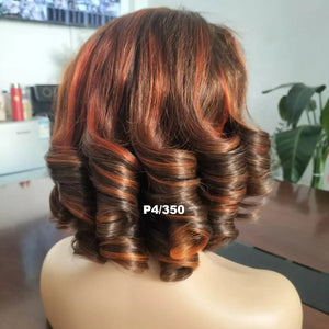 4/350 Highlight Loose Fumi Human Hair Wigs Short Loose Bouncy Curly Bob Wigs 13x4 Lace Front Wear To Go Glueless Wigs For Women