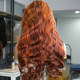 Water wave human hair wig with lace frontal in ginger orange-brown, featuring 13x6 HD lace and pre-plucked hairline