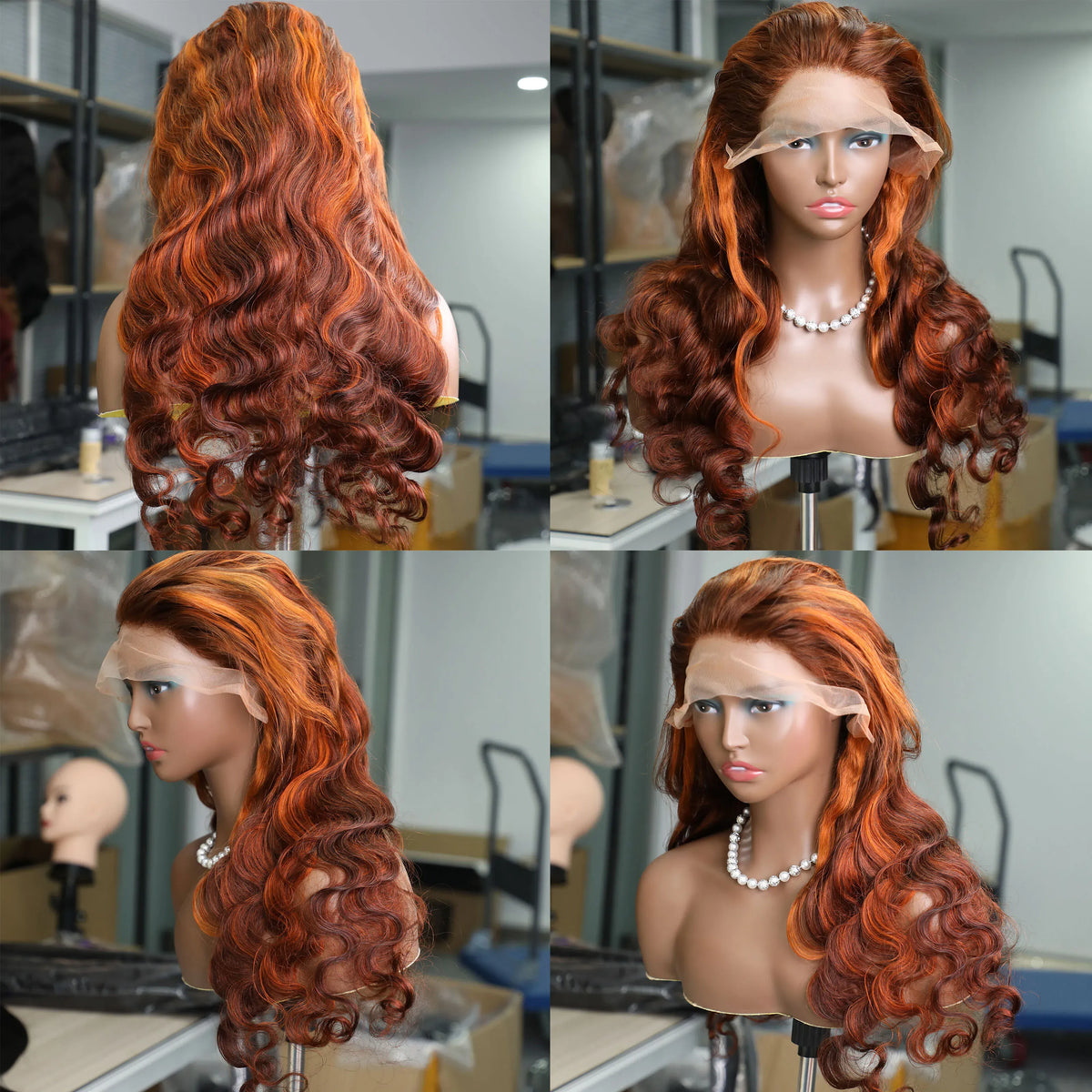 Water wave human hair wig with ginger orange-brown highlights, 13x6 lace frontal, pre-plucked hairline by HSF Marketplace