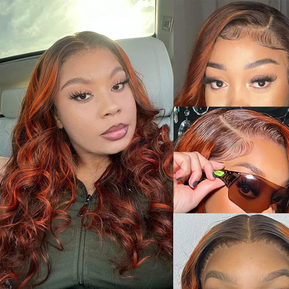 Water wave human hair wig with ginger orange-brown color, 13x6 HD lace frontal, pre-plucked hairline