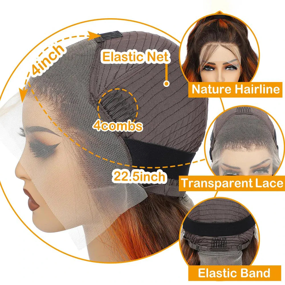 Water wave human hair wig with lace frontal in ginger orange-brown, featuring highlighted waves and pre-plucked HD lace